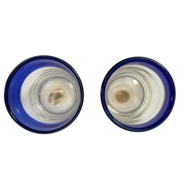 8 Mexican Hand Blown Cobalt Blue Rim Glass Tumbler Pontil Bubble Low Ball For Sale In San Francisco - Image 6 of 6