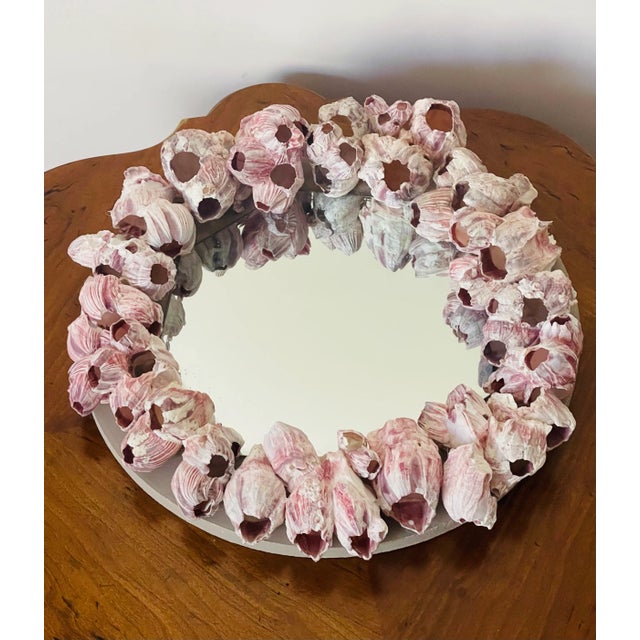 15” Round wall mirror encrusted with large pink barnacles clusters. Organic modern look. Original shape and color of...