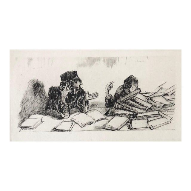 Paul JeffayJudaica Jewish Shtetl Etching Yeshiva Talmudic Study Vintage Chassidic Art Print, c.1950's For Sale