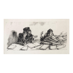 Paul JeffayJudaica Jewish Shtetl Etching Yeshiva Talmudic Study Vintage Chassidic Art Print, c.1950's