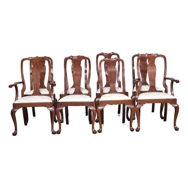1990s Set of 8 Henkel Harris Black Cherry Dining Room Chairs White Damask Fabric For Sale