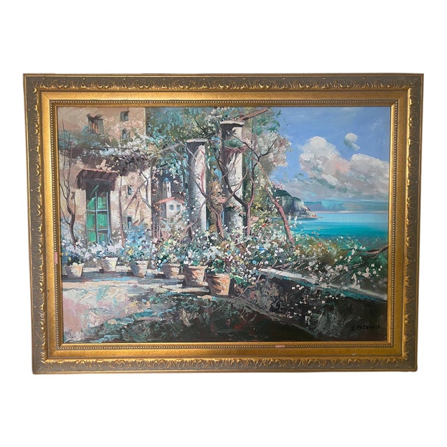 Vintage Italian Riviera Oil Painting, Mediterranean Seascape, Gold Frame, 36x48 For Sale
