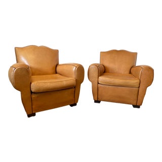 Vintage French Art Deco Leather Mustache Club Chairs - a Pair For Sale