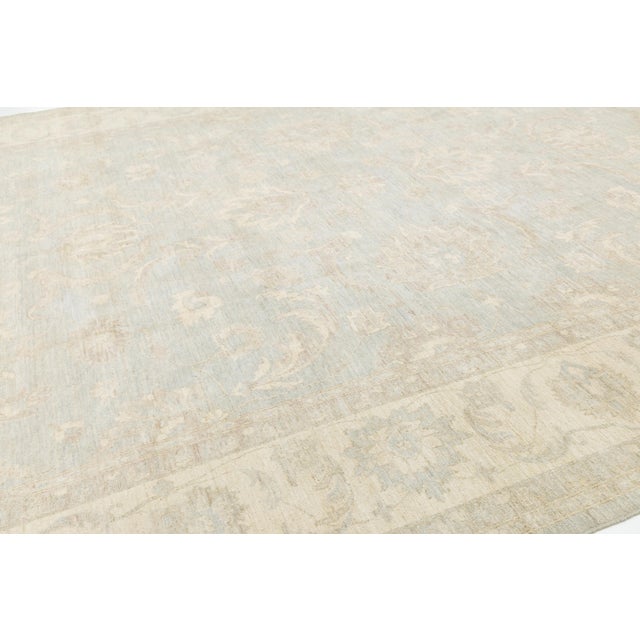 Textile Hand-Knotted Modern Peshawar Wool Rug – Muted Light Blue & Cream Floral Design For Sale - Image 7 of 11