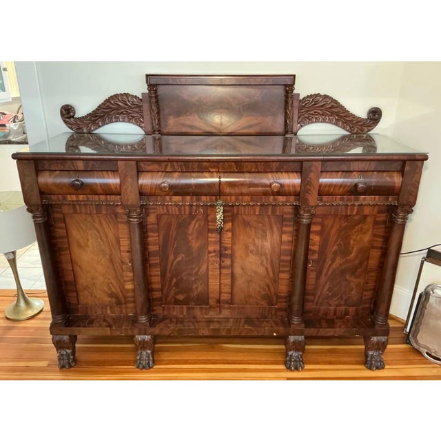 American Antique American Empire Carved Flame Mahogany Sideboard With Lion Paw Feet For Sale - Image 3 of 18