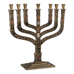 Jerusalem Seven Branch Brass Menorah Enamel Shields 12 Tribes of Israel 4504b