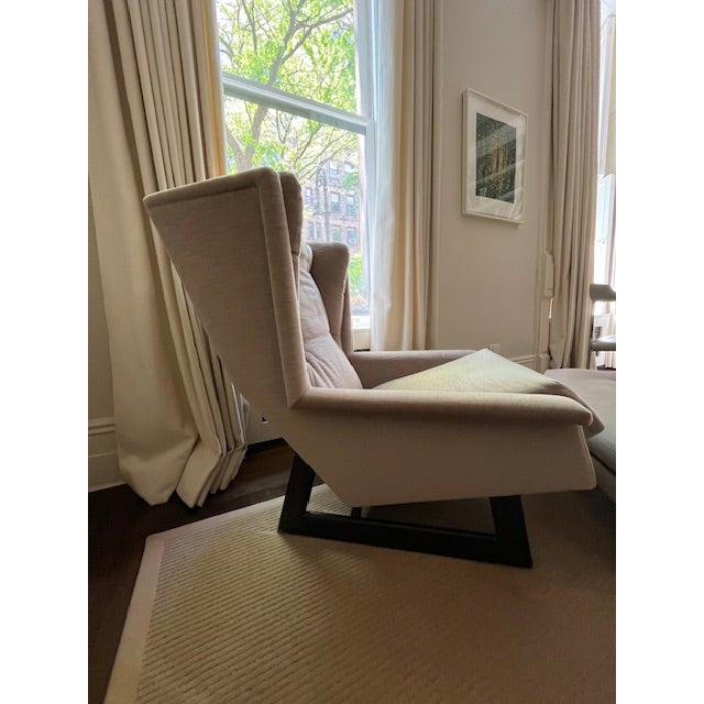 Contemporary Vintage Wingback Lounge Chair and Custom Ottoman Reupholstered in Pollack Fabric For Sale - Image 3 of 11