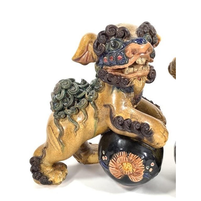 Printmaking Materials Pair of Mid-Century Chinese Ceramic Polychrome Foo Dog Figurine For Sale - Image 7 of 7