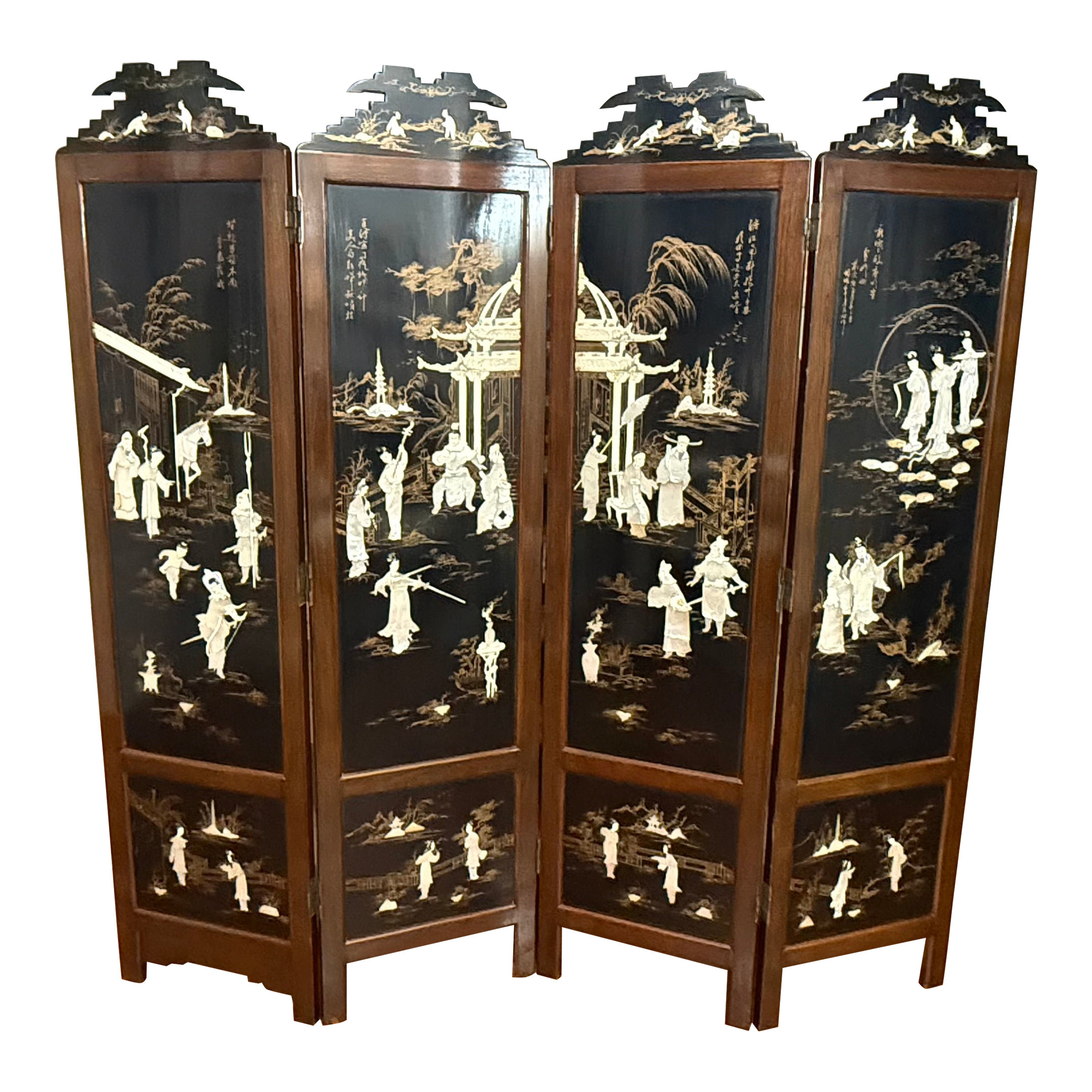 Vintage Chinese Black Lacquer Folding Screen With Mother-of-Pearl