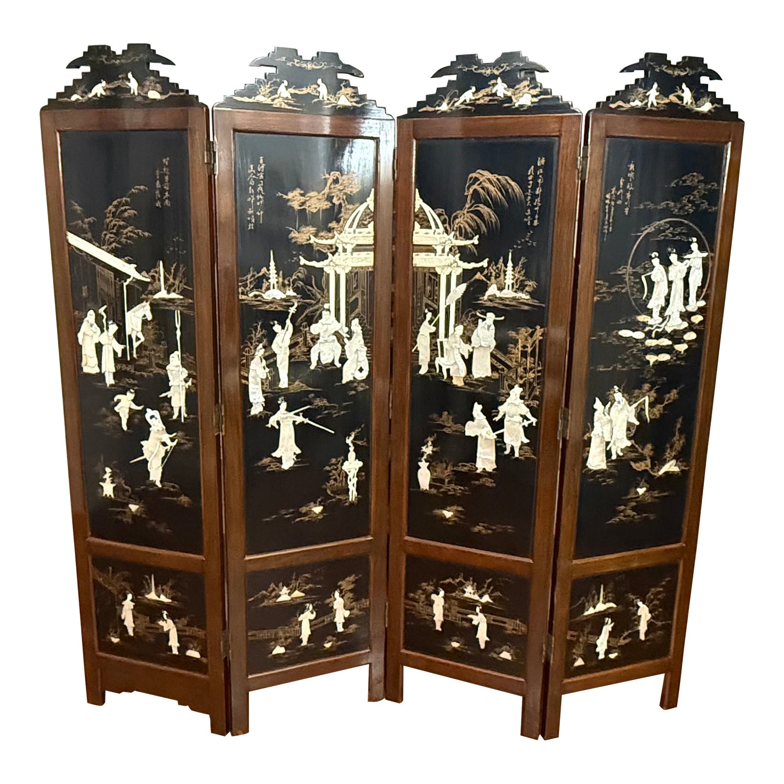 Vintage Chinese Black Lacquer Folding Screen With Mother-of-Pearl