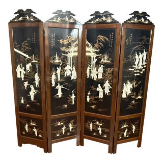 Vintage Chinese Black Lacquer Folding Screen With Mother-of-Pearl Inlay For Sale