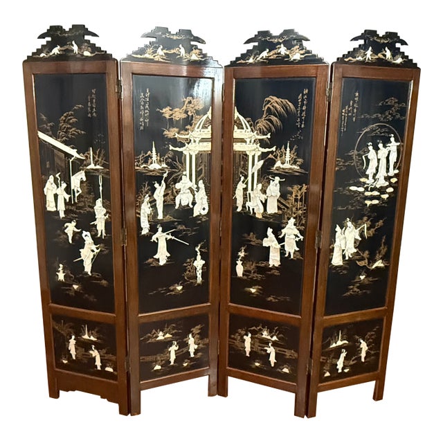 Vintage Chinese Black Lacquer Folding Screen With Mother-of-Pearl Inlay For Sale