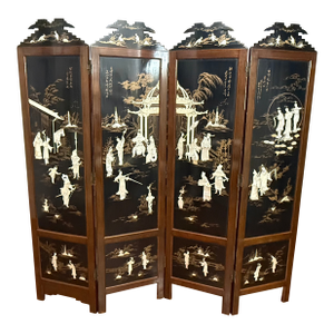 Vintage Chinese Black Lacquer Folding Screen With Mother-of-Pearl Inlay