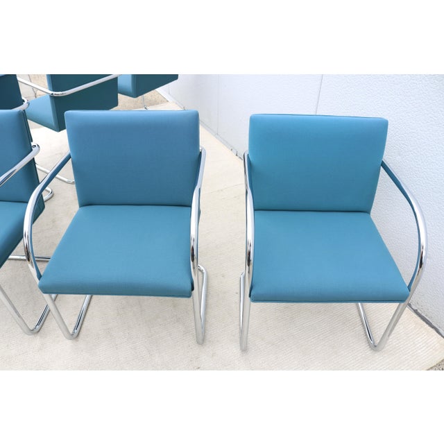 MCM Ludwig Mies Van Der Rohe Brno Tubular Chairs Blue Fabric by Gordon, Set of 6 For Sale - Image 12 of 18