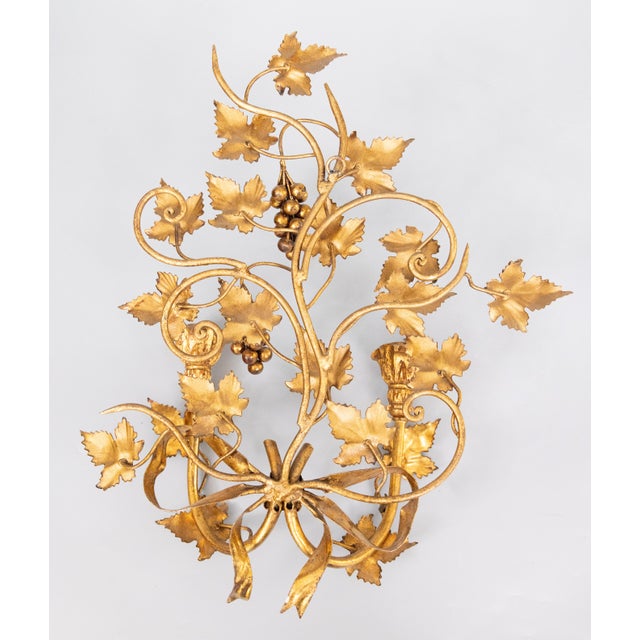 Metal Vintage Italian Gilt Tole Grape Leaf & Bows Candle Sconces - a Pair For Sale - Image 7 of 9