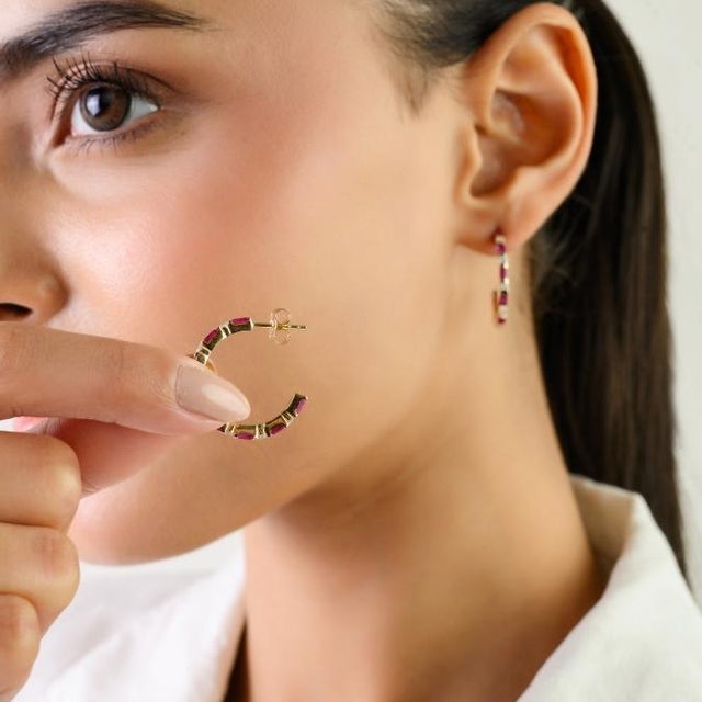 Art Deco-Inspired Natural Ruby & Diamond Hoop Earrings in 14k Gold- 2 Pieces For Sale In New York - Image 6 of 14