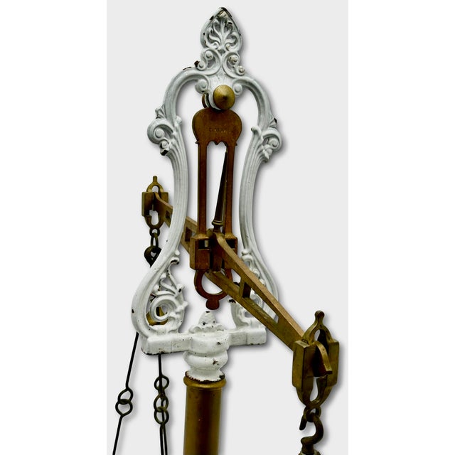 1900 - 1909 Very Large Size Antique Brass & Enameled Cast Iron Manchester England Wholesale Poultry Sellers Scale - 34 Inches Tall For Sale - Image 5 of 18