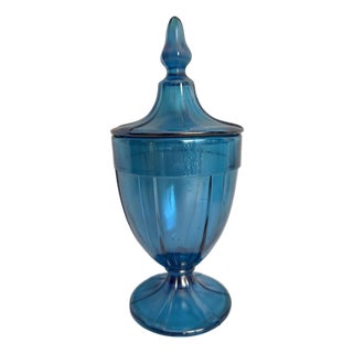 Early 20th Century Iridescent Peacock Blue Lidded Pedestal Candy Jar, Attributed to Fenton For Sale