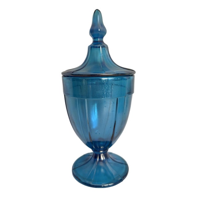 Early 20th Century Iridescent Peacock Blue Lidded Pedestal Candy Jar, Attributed to Fenton For Sale