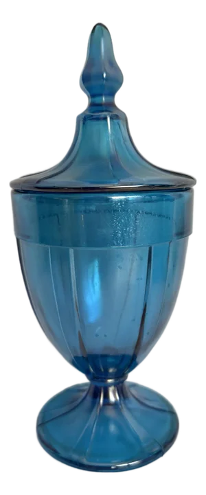 Early 20th Century Iridescent Peacock Blue Lidded Pedestal Candy Jar, Attributed to Fenton