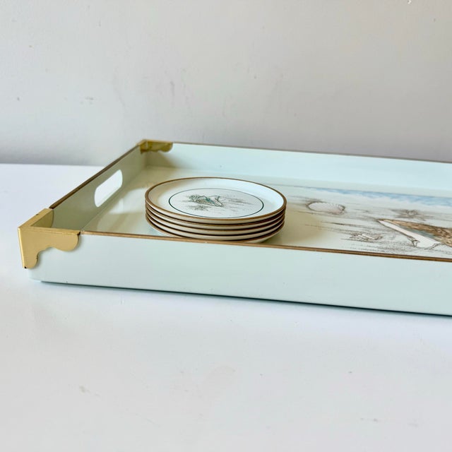 Mid 20th Century Lacquered Coastal Seashell Print Tray and Coaster Set For Sale In Charleston - Image 6 of 9
