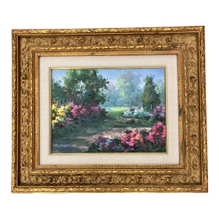 1980’s Original Contemporary Impressionist Garden Landscape Painting Chunky Gold Frame For Sale