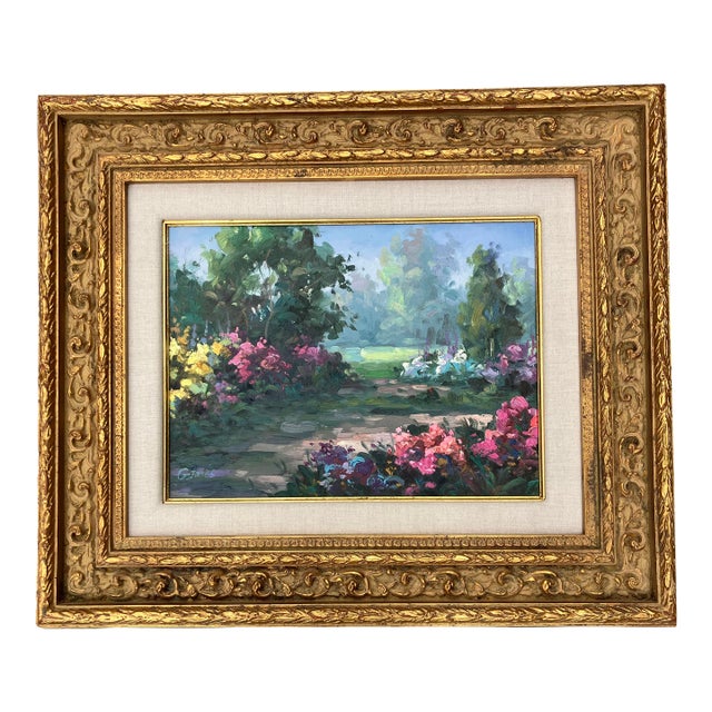 1980’s Original Contemporary Impressionist Garden Landscape Painting Chunky Gold Frame For Sale