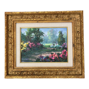 1980’s Original Contemporary Impressionist Garden Landscape Painting Chunky Gold Frame