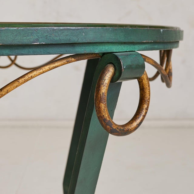 Metal French Verdigris Guéridon Table with Greek Key Églomisé Top, 1930s For Sale - Image 7 of 8