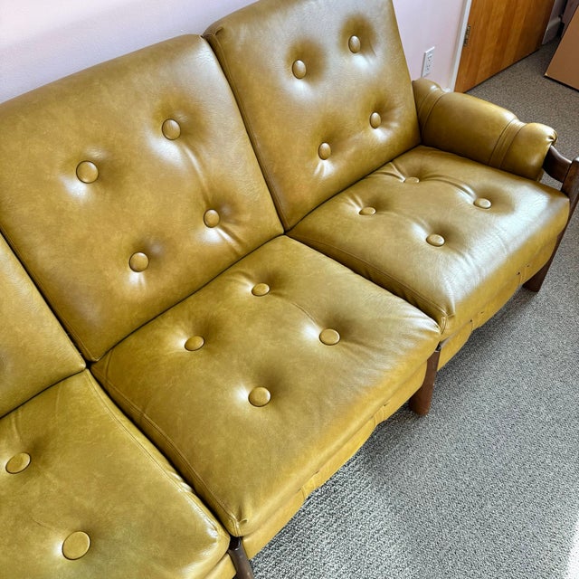 Vintage Olive Colored Vinyl and Walnut Three Seater Sofa For Sale - Image 11 of 12