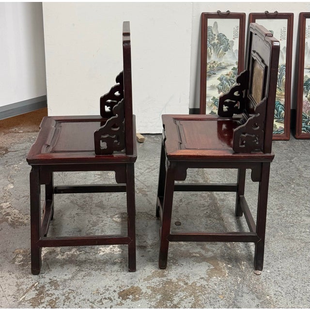 Antique Chinese Rosewood Chairs + Stone Inserts, Pair For Sale - Image 4 of 12