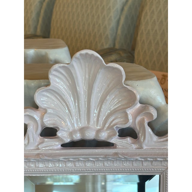 Vintage Pair Light Pink Lacquered Palm Beach Scalloped Shell Wall Mirrors For Sale In West Palm - Image 6 of 12