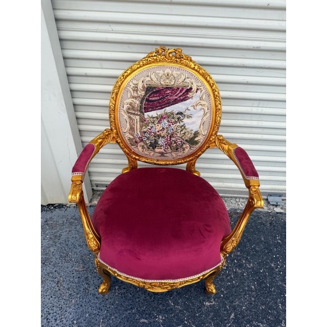 Vintage Set of 2 Louis XVI Armchairs, Hand-Carved Gilded Frame, Velvet Upholstery For Sale - Image 4 of 8