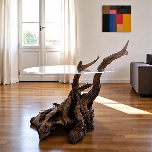 Wood Vintage Organic Modern Driftwood Side Table With Acrylic Top, Mid-Century For Sale - Image 7 of 18