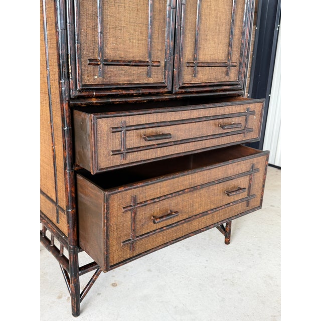 Contemporary Vintage British Colonial Faux Bamboo and Grasscloth Armoire Cabinet With Drawers For Sale - Image 3 of 12