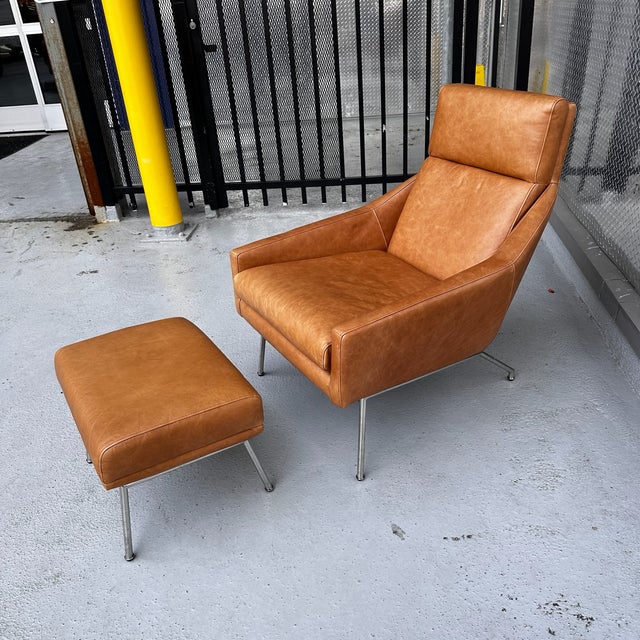 Mid-Century Modern West Elm Leather Chair W/ Ottoman For Sale - Image 3 of 10