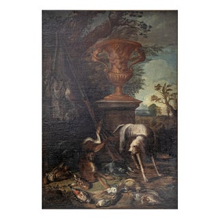 Baroque Artist, Hunting Still Life with Dog, 18th Century, Large Oil on Canvas, Framed For Sale