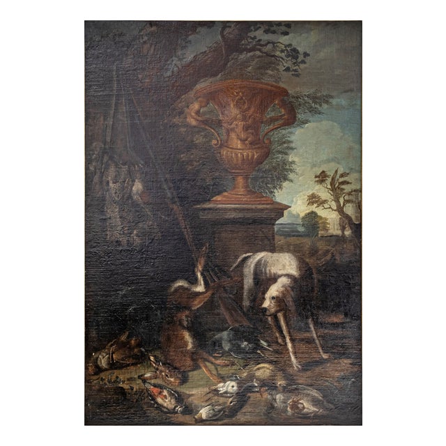 Baroque Artist, Hunting Still Life with Dog, 18th Century, Large Oil on Canvas, Framed For Sale