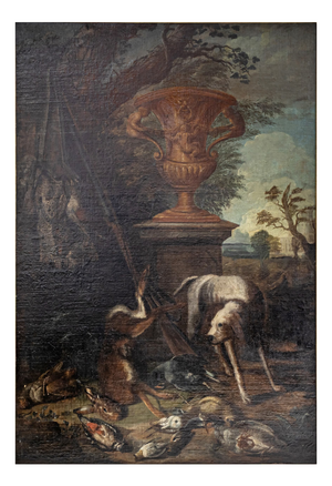 Baroque Artist, Hunting Still Life with Dog, 18th Century, Large Oil on Canvas, Framed