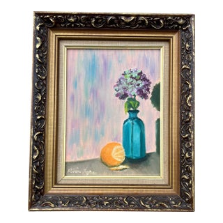 1960’s Original Still Life Painting With Hydrangea &Orange Signed Chunky Vintage Gold Frame For Sale