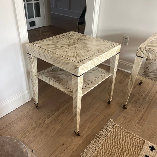 Wood Hand-Painted Vintage Mahogany Two-Tier Side Table in Blonde Faux Tortoise With Brass Cup Casters For Sale - Image 7 of 11
