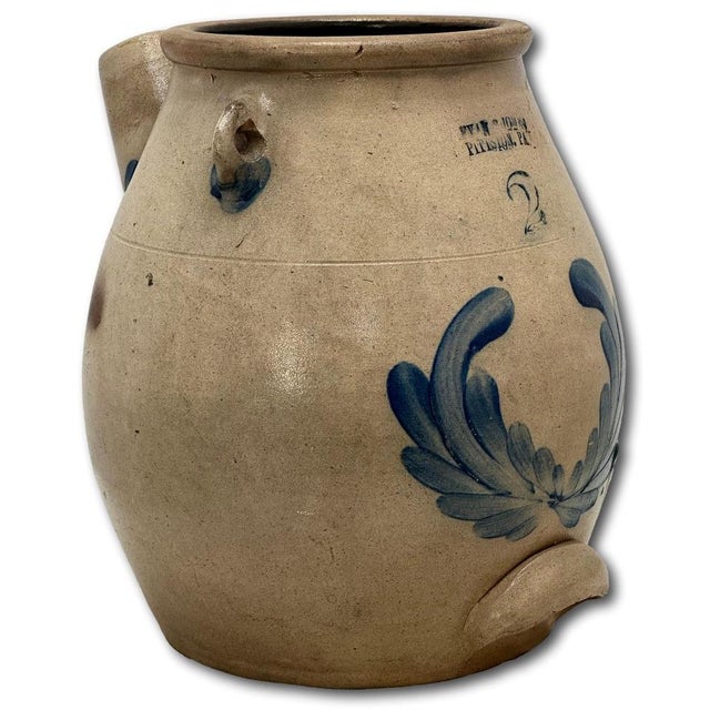 Rare Large 2 Gallon Size Antique American Blue Decorated Stoneware Batter Jug by Evan R Jones Pittston Pennsylvania 1860s For Sale In Boston - Image 6 of 18