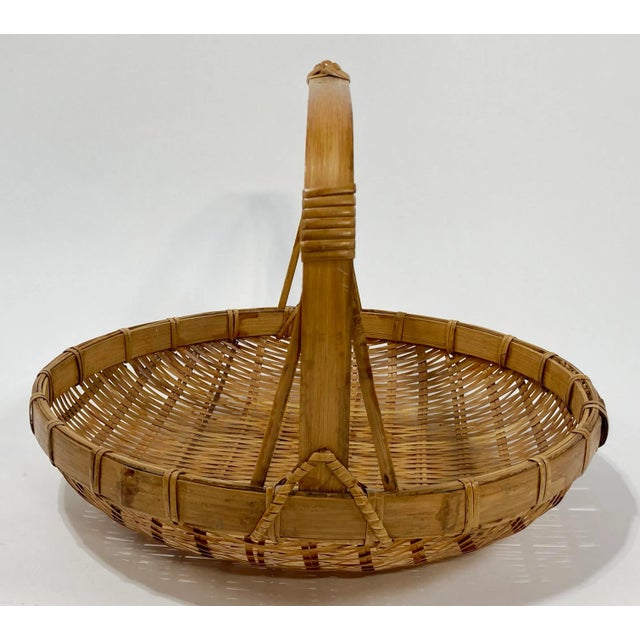 Vintage Round Scorched Rattan Wicker Handled Basket Tray For Sale - Image 4 of 7