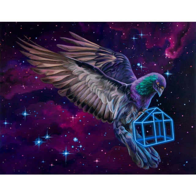 Hold On Tight by Gigi Chen | Acrylic on Wood Panel Bird carrying a blue cage in a cosmic background. For Sale