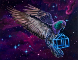 Hold On Tight by Gigi Chen | Acrylic on Wood Panel Bird carrying a blue cage in a cosmic background.