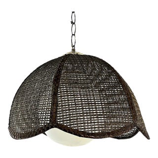 Mid Century Modern 70's Dark Brown Cane Wicker Rattan Pendant Lamp Hanging Light Fixture For Sale