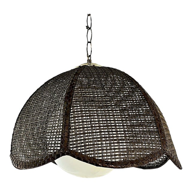 Mid Century Modern 70's Dark Brown Cane Wicker Rattan Pendant Lamp Hanging Light Fixture For Sale