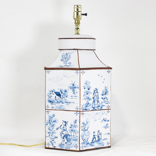 Art Deco A Pair of Vintage Hand-Painted Blue and White Imitation Dutch Tile Landscape Tea Can Table Lamps For Sale - Image 3 of 14