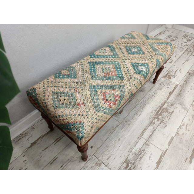 Handmade Rug Printed Fabric Upholstered Bench For Sale - Image 4 of 10