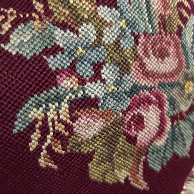 Textile Vintage Burgundy Floral Needlepoint Pillows With Silk Backs, Pair For Sale - Image 7 of 10